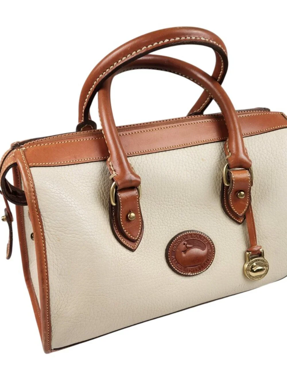 VTG Dooney & Bourke Leather Satchel Cream Pebble Body Tan Trim Brass Duck Fob US
